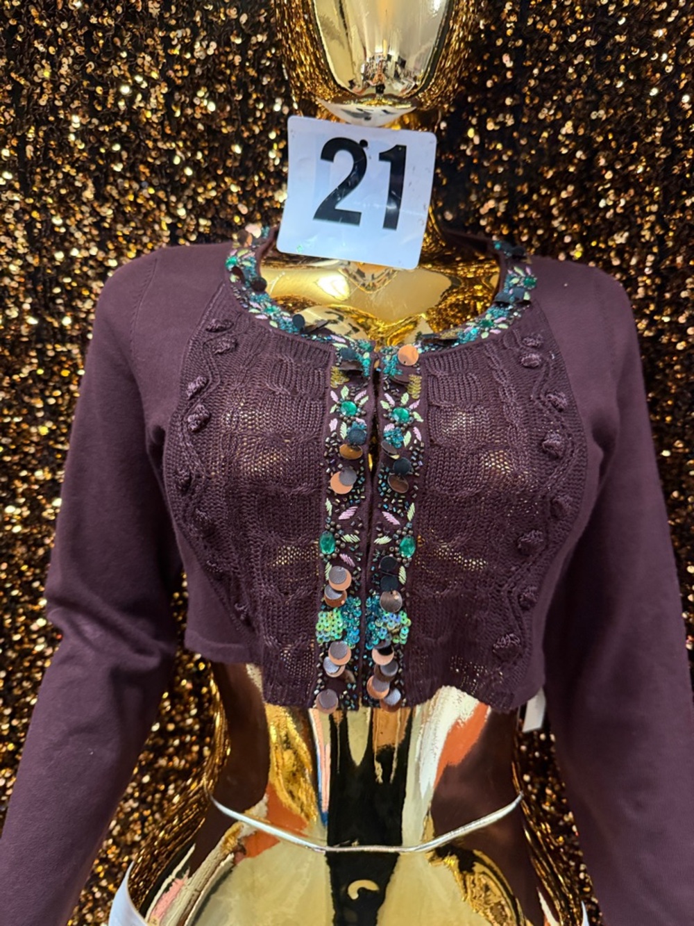 Embellished Plum Cropped Cardigan with Sequin Trim